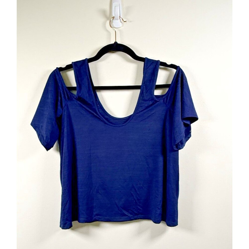 Rachel Roy Womens Blue Solid Scoop Neck Short Sleeve Cold Shoulder T-Shirt - M